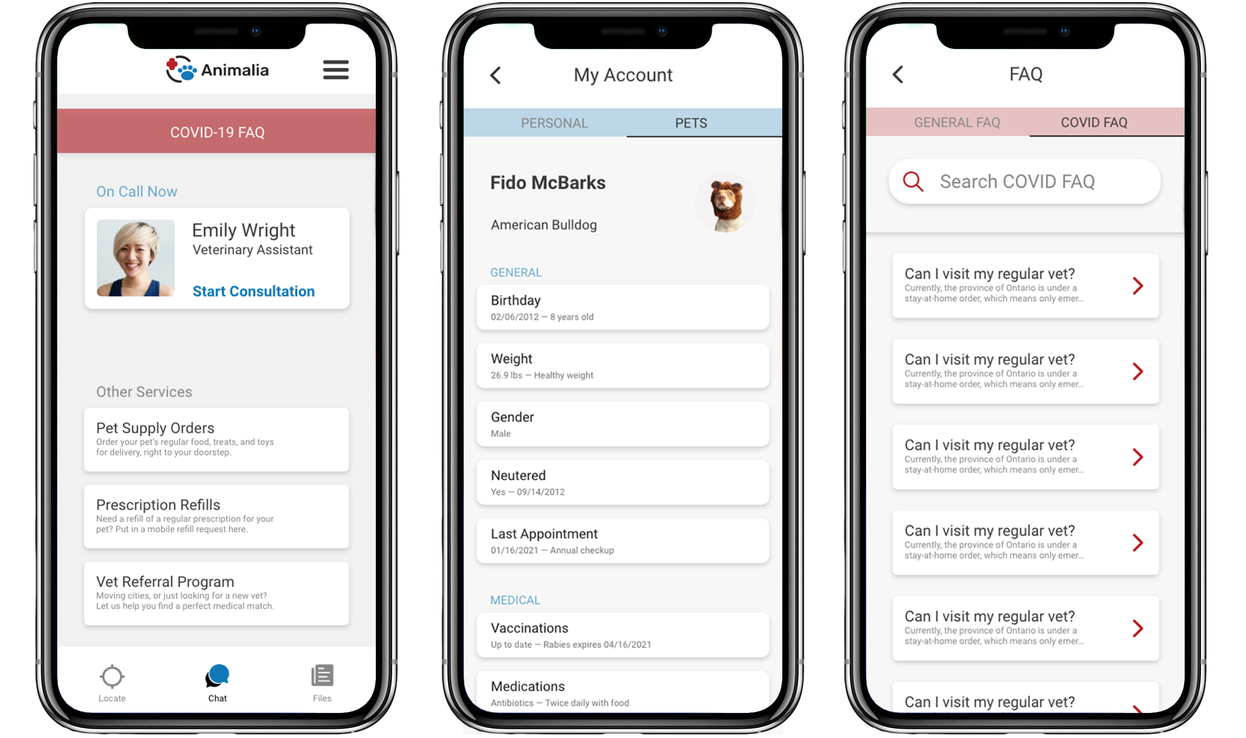 A mockup of 3 iPhones depicting the Home, My Account, and COVID-19 FAQ pages of the Animalia application.