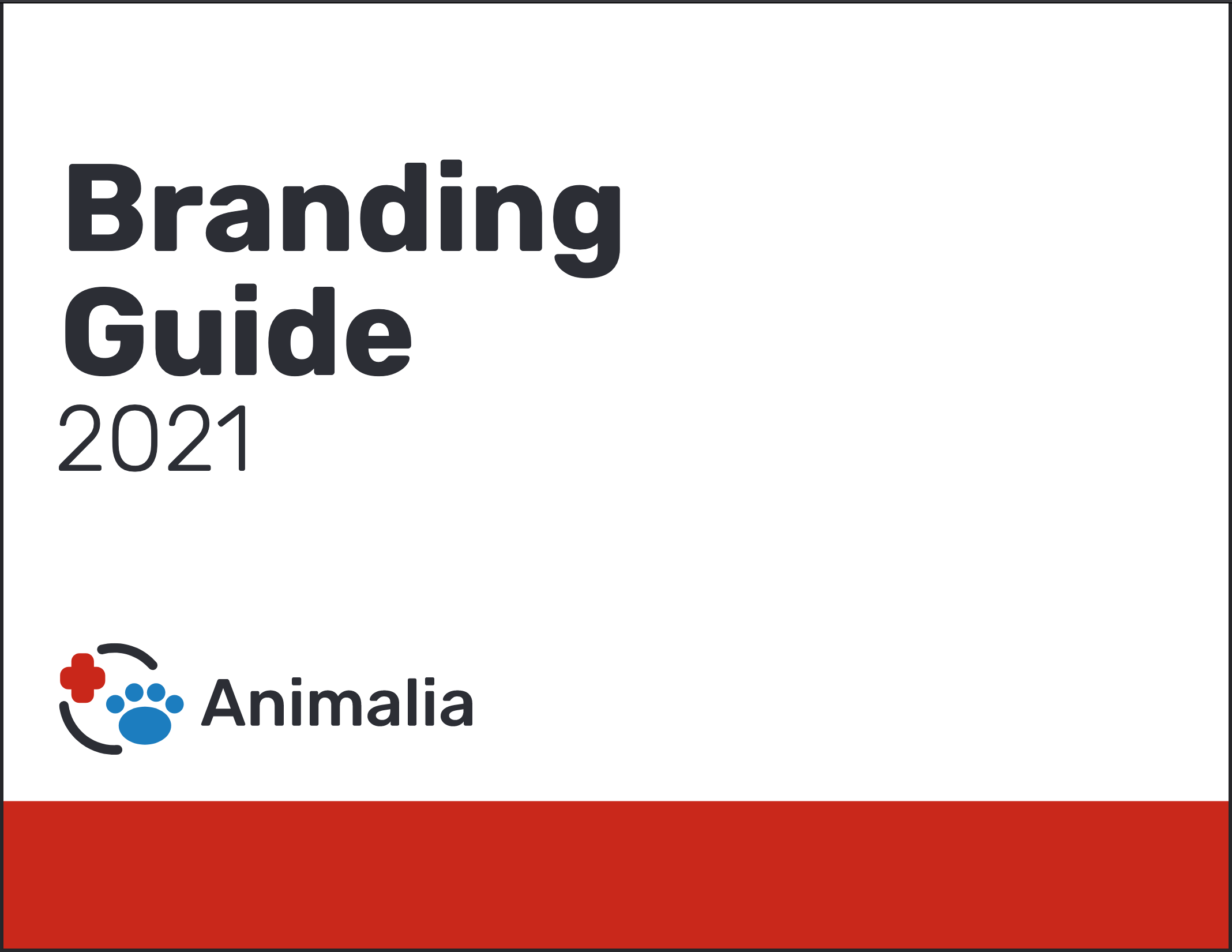The title page of the pdf document listing the branding standards for the fictional veterinary telehealth service, Animalia.