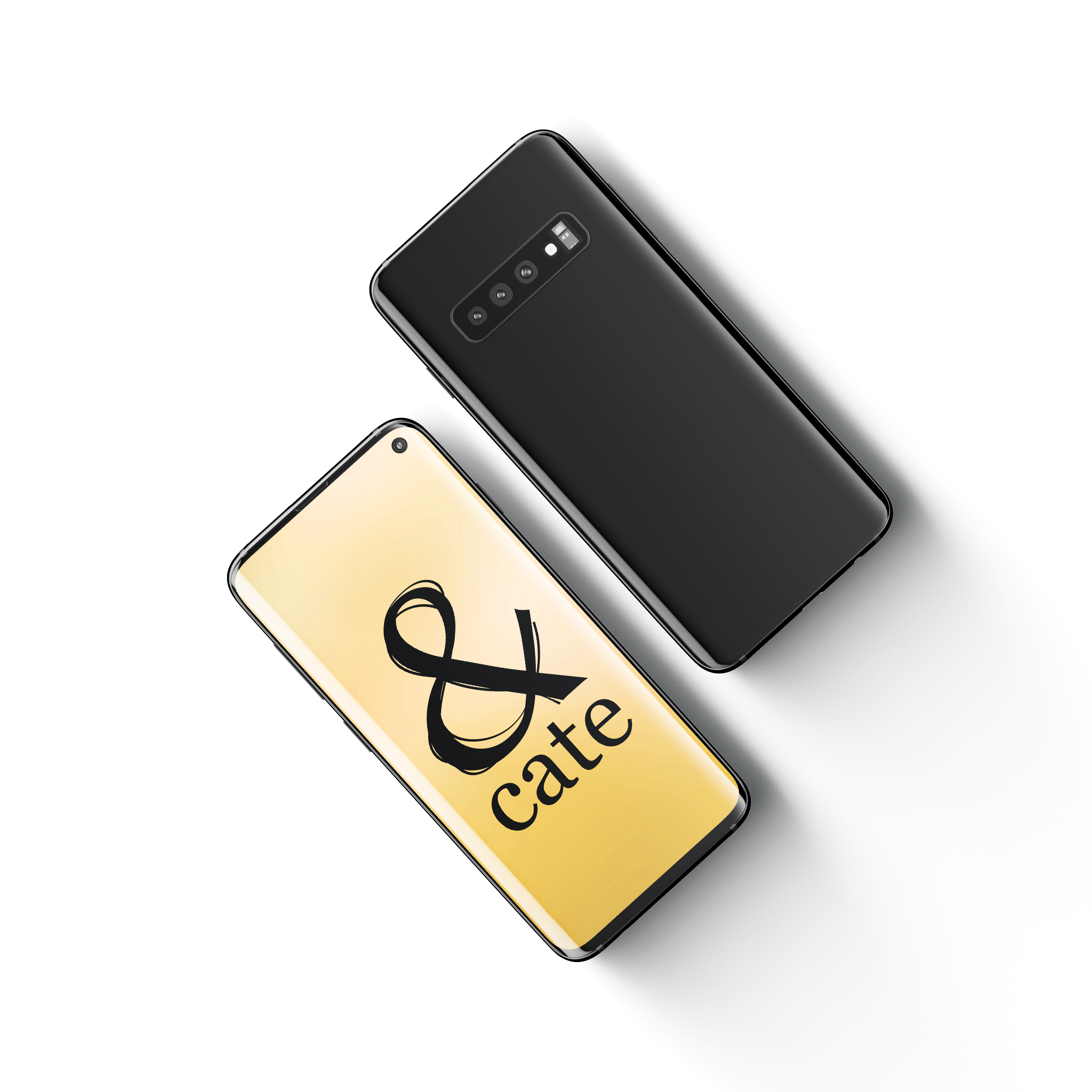 Mockup of Cate's branding on a Samsung phone