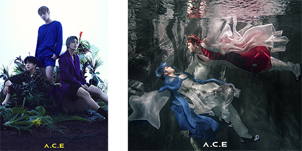 Two reference photos from offical A.C.E promotions, that were used to composite the final poster. They feature a forest and an underwater subunit.